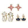 Children's/ Teen's / Kid's Blue Crown, White Cat, Pink Star Stud Earring Set In Gold Tone - 10-14mm