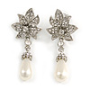 Bridal, Prom, Wedding Austrian Crystal, White Simulated Glass Pearl 'Flower' Drop Earrings In Rhodium Plating - 50mm Length