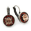 Vintage Inspired Coral, Citrine Crystal Round Drop Earrings With Leverback In Burn Silver Metal - 20mm Length