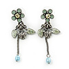 Vintage Inspired Pale Blue Enamel Freshwater Pearl 'Flower & Ladybug' Drop Earrings In Antique Silver Tone - 50mm Length