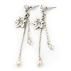 Silver Tone Maple Leaf, Chain Dangle, Freshwater Pearl Drop Earrings - 60mm Length
