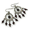 Victorian Style AB Crystal, Black Acrylic Bead Chandelier Earrings In Antique Silver Tone - 50mm Length