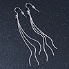 Long Tassel Drop Earrings with Purple Crystal In Silver Tone - 90mm L