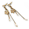 Antique Gold Tone Maple Leaf, Chain Dangle, Freshwater Pearl Drop Earrings - 60mm Length