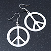 White Enamel 'Peace' Drop Earrings In Silver Plating - 50mm Length