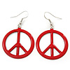Red Enamel 'Peace' Drop Earrings In Silver Plating - 50mm Length