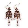 Vintage Inspired Diamante, Pale Pink Simulated Pearl Floral Drop Earrings In Copper Tone - 50mm Length