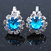 Small Light Blue, Clear Crystal Floral Clip On Earrings In Silver Tone - 15mm L