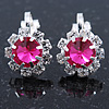 Small Fuchsia, Clear Crystal Floral Clip On Earrings In Silver Tone - 15mm L
