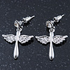Rhodium Plated Angel Wings, Cross Drop Earrings - 30mm Length