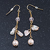 Pale Pink Simulated Pearl, Mother of Pearl Chain Drop Earrings In Gold Plating - 60mm Length