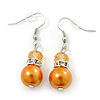 Orange Simulated Glass Pearl, Crystal Drop Earrings In Rhodium Plating - 40mm Length