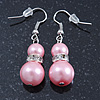 Light Pink Glass Pearl, Crystal Drop Earrings In Rhodium Plating - 40mm Length