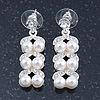 Bridal, Wedding, Prom Simulated Glass Pearl Drop Earrings In Rhodium Plating - 35mm Length