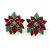Christmas Dark Red/ Green Enamel Poinsettia Holiday Stud Earrings In Rhodium Plating - 25mm Diameter