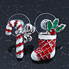 White/ Red/ Green Enamel 'Candy Cane & Christmas Stocking' In Rhodium Plating - 20mm Length