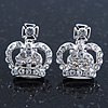 Small Clear Crystal 'Crown' Stud Earrings In Silver Tone - 16mm Length