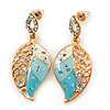 White, Azure, Light Blue Enamel Crystal Leaf Drop Earrings In Gold Plating - 40mm Length