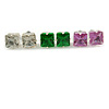 Set Of 3 Classic Crystal Square Cut Stud Earrings In Silver Tone (Green/ Purple/ Clear) - 8mm