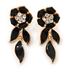 Black Enamel, Clear Crystal Flower Drop Earrings In Gold Plating - 40mm Length