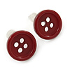 Small Dark Red Plastic Button Stud Earrings (Silver Tone) -11mm Diameter