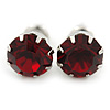 Round Dark Red Jewelled Stud Earrings In Silver Tone - 8mm
