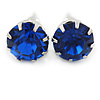 Round Sapphire Blue Jewelled Stud Earrings In Silver Tone - 8mm