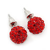 10mm Red Crystal Ball Stud Earrings In Silver Tone