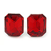 Red Glass Square Stud Earrings In Silver Tone - 10mm Length