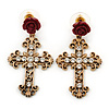 Vintage Inspired Filigree, Crystal Cross With Rose Drop Earrings In Antique Gold Metal - 45mm Length