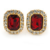 Gold Tone Clear, Dark Red Crystal Square Clip On Earrings - 23mm L