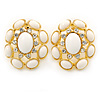 Large Oval Crystal, White Acrylic Bead Stud Earrings In Gold Plating - 35mm L