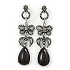 Long Vintage Inspired Hematite Coloured Crystal Bow, Teardrop Earrings In Antique Silver Tone - 85mm L