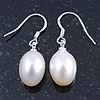 Bridal/ Prom Oval Shape Cream Freshwater Pearl Drop Earrings 925 Sterling Silver - 30mm L