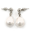 Bridal/ Wedding Lustrous White Freshwater Pearl Drop Earrings In Rhodium Plating- 28mm L