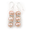 7mm Delicate Pale Pink Freshwater Pearl With Crystal Ring Drop Earrings 925 Sterling Silver - 40mm L