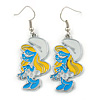 White/ Blue/ Yellow Enamel Funky Smurfette Cartoon Drop Earrings In Silver Tone - 48mm L
