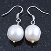 11mm Bridal/ Prom Off Round White Freshwater Pearl Drop Earrings 925 Sterling Silver - 30mm L
