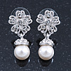 Bridal/ Wedding/ Prom Silver Tone Clear Crystal, 9mm Simulated Pearl Flower Drop Earrings - 30mm L