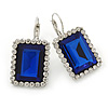 Dark Blue/ Clear CZ Square Drop Earrings With Leverback Closure In Rhodium Plating - 35mm L