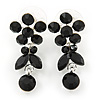 Delicate Black Crystal Flower & Butterfly Drop Earrings In Rhodium Plating - 35mm L