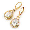 Clear CZ Drop Earrings With Leverback Closure In Gold Plating - 33mm L