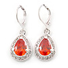 Red/ Clear CZ Drop Earrings With Leverback Closure In Rhodium Plating - 33mm L