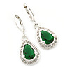 Emerald Green/ Clear CZ Drop Earrings With Leverback Closure In Rhodium Plating - 33mm L