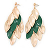 Long Gold/ Green Textured Leaf Chandelier Earrings In Gold Tone - 11cm L