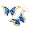 Lightweight Blue Enamel Butterfly Drop Earrings In Gold Tone - 60mm L