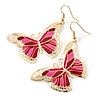 Lightweight Pink Enamel Butterfly Drop Earrings In Gold Tone - 60mm L