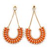 Statement Orange Bead, Crystal Chain Teardrop Earrings In Gold Tone - 85mm L