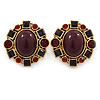 Vintage Inspired Plum/ Burgundy/ Red Crystal, Oval Clip On Earrings In Antique Gold Tone - 35mm L