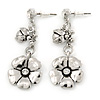 Flower and Ladybug Drop Earrings In Polished Rhodium Plating - 45mm L